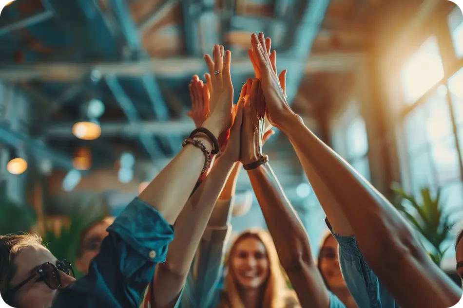 salariés qui se tapent dans la main grâce à un team building réussi